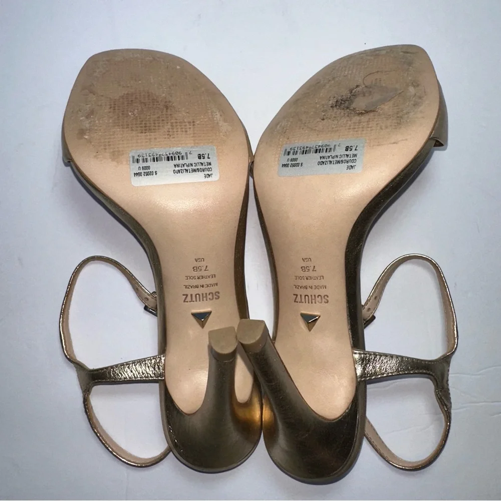 SCHUTZ Women’s Metallic Gold Jade Leather Strappy Stiletto Sandals- Size 7.5